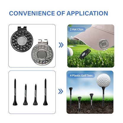 SANDIAN [Full Set], Golf Ball Markers Carbon Fiber T800 Set with Genuine Black Leather Belt Clip Tee Holder Pouch, Magnetic Hat Clips, Storage Case [Black Leather]