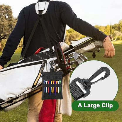 Golf Tee Bag, Multi Pocket Golf Tee Ball Pouch with Lobster Claw Clip Golf Accessories Bag Valuables Pouch for Men Women (Black)