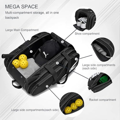TILDOSAC Pickleball Bag - Large Paddle Bag for 4 Paddles & Accessories - Fence Hook, Extra Pockets, Shoe Compartment