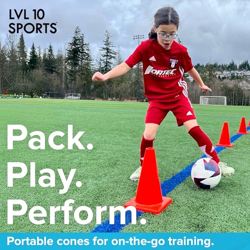 LVL10 Pro Training Cones - 12" Large Soccer Cones for Sports Training - for Basketball, Football, Basketball and Agility Drills - Soccer Field Markers that Won't Crack, Slide or Fly - style: 10 cones