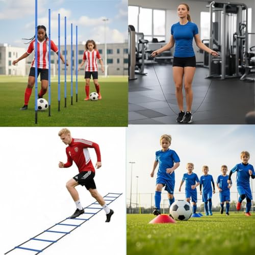 Soccer Agility Training Equipment, 6 Adjustable Soccer Training Agility Poles, 1 Speed Agility Ladder,10 Soccer Agility Cones for Training, 1 Jump Rope + Storage Bag for Youth Soccer Drills - color: blue