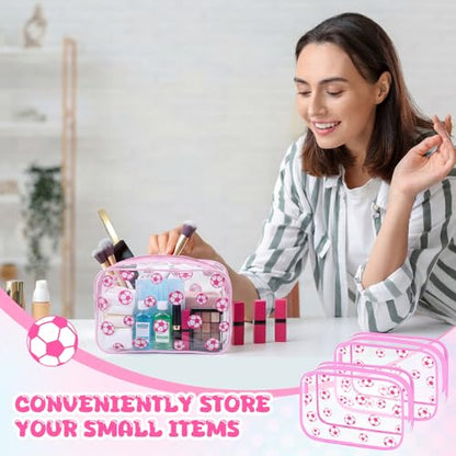Kacctyen 24 Pcs Pink Soccer Clear Makeup Bag with Zipper Bulk Sport Goodie Clear PVC Pouch Organizer Waterproof Travel Case for Woman Team Gifts Birthday Decorations Supplies Favors - style: Pink Soccer