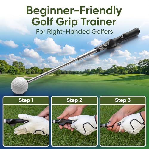 Retractable Golf Swing Trainer, Telescopic Practice Club with Click Feedback, Right-Handed Ergonomic Grip & Arm Band, Grip/Posture Correction, Portable Indoor/Outdoor Tempo & Swing Path Aid