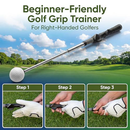 Retractable Golf Swing Trainer, Telescopic Practice Club with Click Feedback, Right-Handed Ergonomic Grip & Arm Band, Grip/Posture Correction, Portable Indoor/Outdoor Tempo & Swing Path Aid