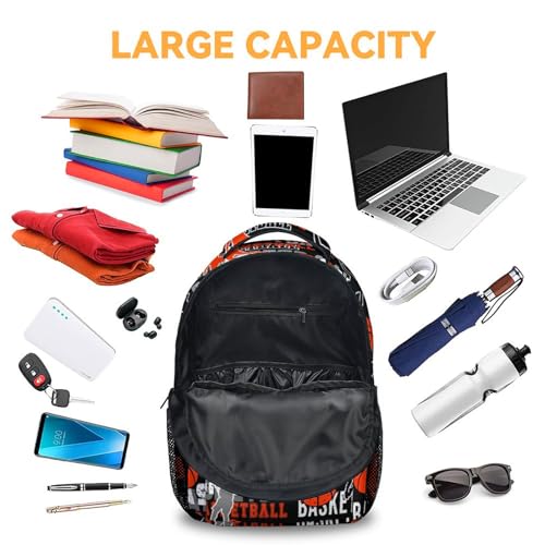 Mercuryelf Basketball Backpack for Boys Girls, 16 Inch Black Backpacks for School Travel, Cool Lightweight Bookbag for Kids