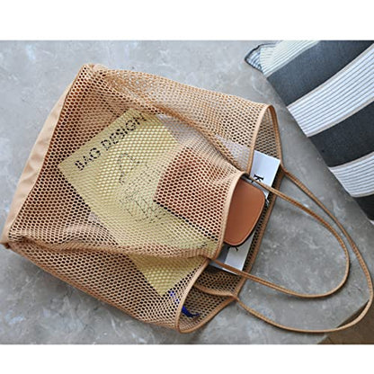 HOXIS Mesh Beach Tote Womens Shoulder Handbag - color: Tan