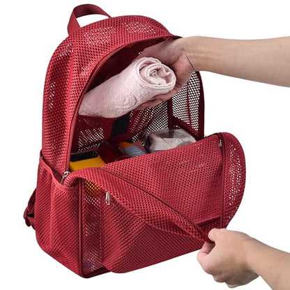 Oraben Heavy Duty Mesh Backpack with Rain Cover – Ventilated Swim & Gym Bag with 15.6” Laptop Sleeve, Large See Through Beach/School Backpack (Rose Red) - color: Rose Red