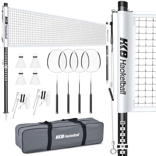 Haokelball Outdoor Badminton Net Set with Anti-Sag Winch System - 20ft Badminton Net, 4 Rackets, 4 Shuttlecocks & Carry Bag, Badminton Set for Backyard, Grass, Beach, Holiday Games - color: C-White