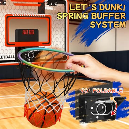 LED Basketball Hoop for Kids - Over The Door Indoor Hoop with Electronic Scoreboard & 3 Mini Balls, Birthday Gift for Boys Girls Ages 5 6 7 8 9 10 11 12+ Years Old