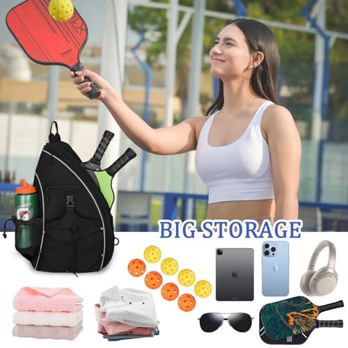 Goloni Pickleball Sling Bag for Men Women, Lightweight Pickleball Backpack with Fence Hook - color: Black