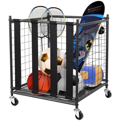 RedSwing Ball Storage Bin Rolling Sports Ball Cart, Metal Garage Sports Equipment Organizer with Elastic Straps,Volleyball Softball Basketball Cage Storage Rack for Garage Playgroup Gym School