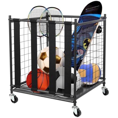 RedSwing Ball Storage Bin Rolling Sports Ball Cart, Metal Garage Sports Equipment Organizer with Elastic Straps,Volleyball Softball Basketball Cage Storage Rack for Garage Playgroup Gym School