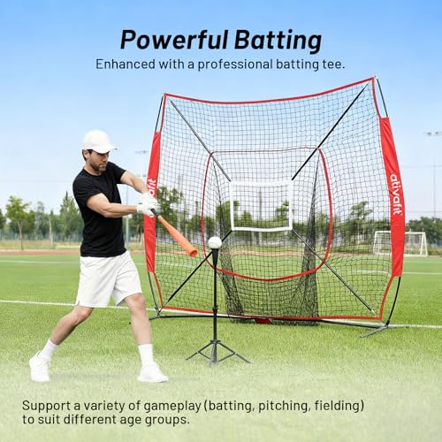 Ativafit 7x7 Baseball Practice Net - Portable Pitching & Batting Training Net with Hung Net*2 - Easy Setup Baseball Net - Includes, Practice Balls*3, Batting Tee*1, Carry Bag*1 - color: RED