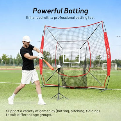 Ativafit 7x7 Baseball Practice Net - Portable Pitching & Batting Training Net with Hung Net*2 - Easy Setup Baseball Net - Includes, Practice Balls*3, Batting Tee*1, Carry Bag*1 - color: RED