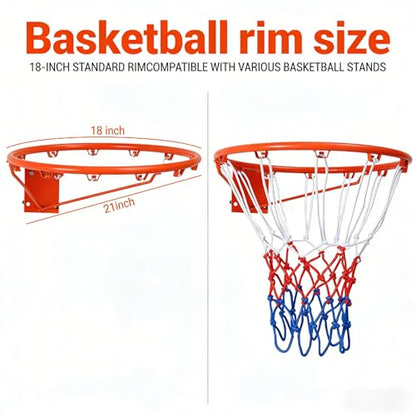 18 Inch Basketball Rim Replacement with Net, Universal Basketball Hoop Rim with Mounting Straps, Indoor Outdoor Basketball Rim for Most Backboard, Tree-Mountable Basketball Hoop Replacement