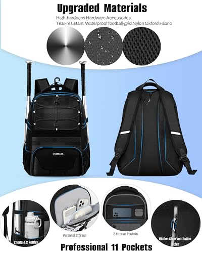 COMECOI Softball Bag, Lightweight Baseball Backpack with Shoes Compartment, Baseball Bat Bags with Fence Hook for TBall Bat & Equipment, for Batting Mitten, Helmet, for Girls, Boys, Youth, Adults - color: Black