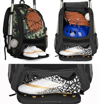 WOLT Youth Baseball Bag - Bat Backpack for Baseball, T-Ball & Softball Equipment & Gear, Bat & Glove Holder, Large Main Compartment for Helmet & accessories, Separate Shoes Compartment, Fence Hook - color: Camogreen