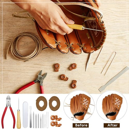 Fabbay 16 Pcs Baseball Glove Lace Kit Glove Relacing Kit 2 Pcs 78.74 Inch Leather Laces 4 Pcs Glove Lace Locks 7 Pcs Lacing Needle Leather Cutter Scratch Awl Tool for Baseball Repair - color: Brown