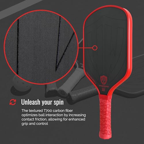Paddle - USAPA Approved - T700 Carbon Fiber for Ultimate Spin - Elongated Handle and Shape for Power - Paddle Cover, Paddle Eraser, Lead Tape, Sweatband Included - color: Red
