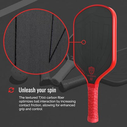 Paddle - USAPA Approved - T700 Carbon Fiber for Ultimate Spin - Elongated Handle and Shape for Power - Paddle Cover, Paddle Eraser, Lead Tape, Sweatband Included - color: Red