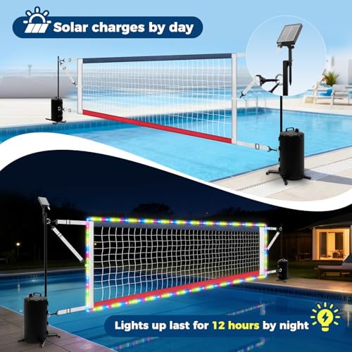 Pool Volleyball Net Set with Solar LED Lights, Adjustable 15-32ft Water Volleyball Net for Inground Pools with Glow Ball, Pump & Weighted Bases, Outdoor Pool Games for Kids Adults Family