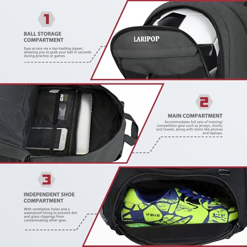 LARIPOP Soccer Backpack with Ball Holder & Shoe Compartment Large Capacity Youth Sports Bag for Training - color: Dark Grey