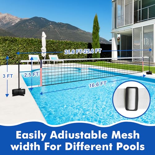 Portable Pool Volleyball Net System -4th of July Celebration Adjustable 16.5-26.5FT Length Net Includes 2 Water Volleyballs, Heavy-Duty Water-Filled Base Perfect for Pickleball, Tennis & Pool Games