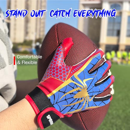 Youth Football Gloves for Boys Girls with Spider Tacky Grip, Flexible Kids Receiver Football Gloves- Blue Red - size: Youth X-Small/Small