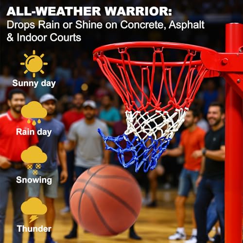 Basketball Net Heavy Duty 7.16oz Professional Grade, All Weather Anti Whip Basketball Net Replacement for Outdoor Indoor Standard Hoop, 12 Loops Reinforced (Red White Blue)