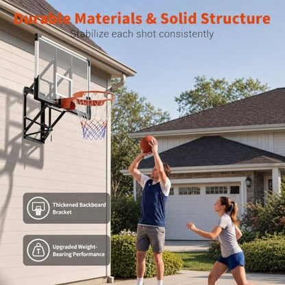 48 Inch Wall Mounted Basketball Hoop, Shatterproof Backboard with Rim, Adjustable Height Hand Crank Goal, Indoor & Outdoor with Adjustable Height, Classic Basketball Court, Teens, Adults, Schools, Pa