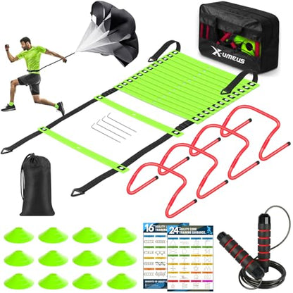 X-UMEUS Agility Ladder Speed Training Equipment Set-20ft Agility Ladder,12 Soccer Cones,4 Hurdles, Jump Rope, Running Parachute| Basketball Football Soccer Training Equipment for Kids Youth Adults - color: Green