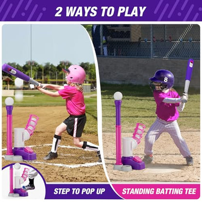 HYES Tball Set for Toddlers 3-5, Tee Ball Set with Step on Pitching Machine/Adjustable Batting Tee/Retractable Baseball Bat/8 Pop Up Balls, Outdoor Sport Toy Games for Kids Girls