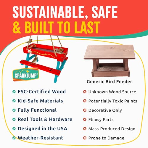 SparkJump Picnic Table Bird and Squirrel Feeder Kit, DIY Woodworking Project for Kids and Families, Complete Tools and Paint Set, FSC-Certified Sustainable Wood, Backyard Nature Activity, Ages 6+