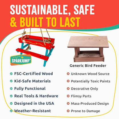 SparkJump Picnic Table Bird and Squirrel Feeder Kit, DIY Woodworking Project for Kids and Families, Complete Tools and Paint Set, FSC-Certified Sustainable Wood, Backyard Nature Activity, Ages 6+