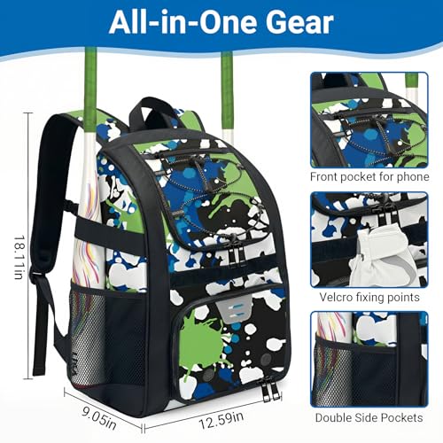 Youth Baseball Bag - Softball Bag for Girls & Boys with Shoes Compartment, Bat Backpack for Baseball, T-Ball & Softball Equipment - color: Camo-Green
