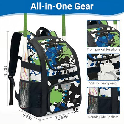 Youth Baseball Bag - Softball Bag for Girls & Boys with Shoes Compartment, Bat Backpack for Baseball, T-Ball & Softball Equipment - color: Camo-Green