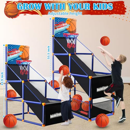 Arcade Basketball Game Set for Kids, Boy Toys Basketball Hoop with 4-5 Balls for 3-12 Years Old, Adjustable Height w/Pump & Storage Net for Kids Indoor Outdoor Sports Play, Christmas Birthday Gifts