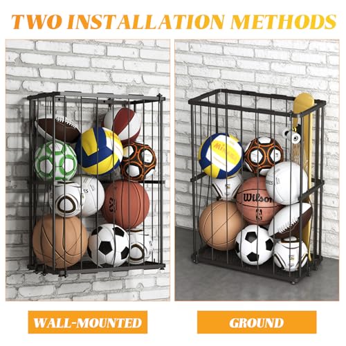 Garage Ball Storage Wall-Mounted & Floor Sports Equipment Organizer: Sports Ball Rack with Elastic Rope, Holder for Basketball, Soccer, Volleyball, Football, Garage, Gym, Black(Patent Pending) - size: Small, style: With Adjuster Foot,Rectangle