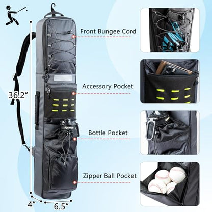 Rolling Baseball Bat Bag with Wheels, Large Capacity Gear Bag Holds 4 Bats, Reinforced Hard Base & Structured Back Panel, Top & Bottom Grab Handles, Shoe & Helmet Compartments for Youth &Adult Players - color: Grey - Slim Style - No Wheels