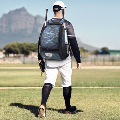 DAFISKY Baseball Bag Softball Backpack - Youth Adult T Ball Bat Equipment Bag with Bat Helmet Holders, Shoe Compartment - color: CamouflageBlue