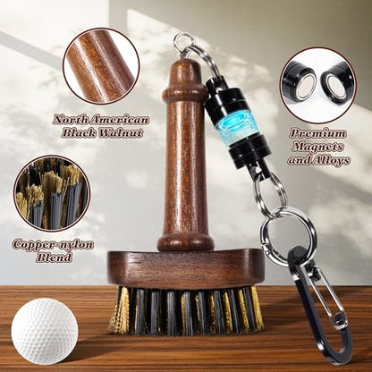 Belongtous Walnut Mini Golf Clubs Scrub Cleaning Brush, Golf Accessories for Men Women Golfers, Retractable Magnetic Detailing Brush with Nylon&Copper Wire Bristle