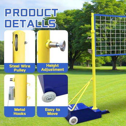 Volleyball Poles for Backyard with Net,Volleyball/Badminton Poles with Movable Heavy Duty Base,Volleyball Net Poles Adjustable 4 Heights,for Indoor Outdoor Stadium School Adults Kids