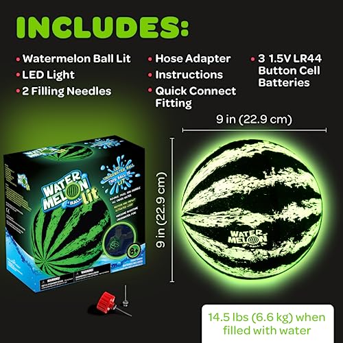 Watermelon Ball Lit - Glow in The Dark Pool Toy for Kids Ages 8-12, Teens, Adults - 9 Inch Swimming Pool Game for Family Fun - size: 9", style: 9" Green LED Light-Up