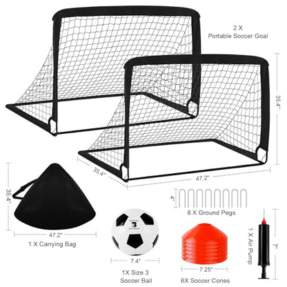 Kids Soccer Goals for Backyard Set - 2 Pack of 4' x 3' Portable Pop Up Soccer Nets, Training Equipment with Soccer Ball, Soccer Set for Kids Toddler and Youth Outdoor Games, Sports, Gifts