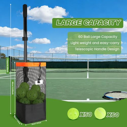 Tennis Ball Hopper & Pickleball Picker Upper, Ball Collector Hopper Holds 60 Tennis Balls or 50 Pickleballs, Adjustable Handle, Heavy-Duty Spring Ball Retriever for Training & Court Practice