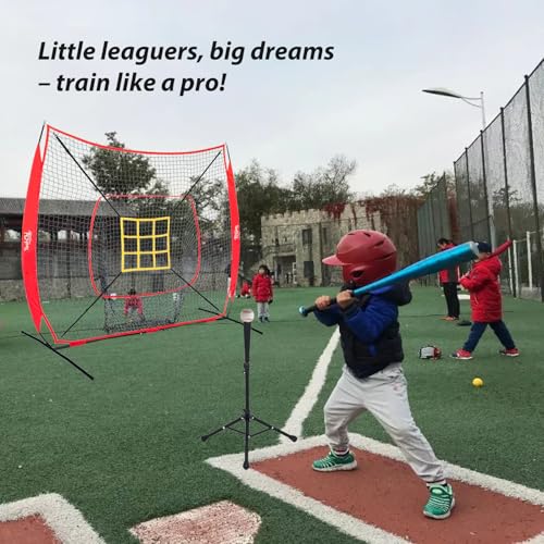 7x7 Ft Baseball and Softball Training Net with Batting Tee, Strike Zone Target, Portable Hitting and Pitching Practice Set - color: Red