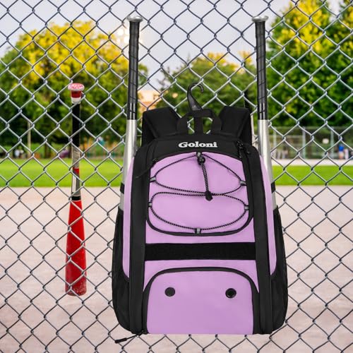 Goloni Youth Baseball Bag,Baseball Backpack with Shoes Compartment,Softball Bag with Fence Hook for T-Ball Bat & Equipment - color: Dark Purple