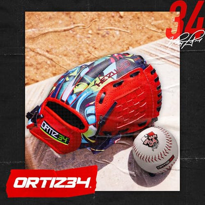 9" Graffiti T-Ball Glove- David Ortiz Graffiti Youth Baseball Glove- Right Hand Throw, Easy to Close, No Break-in Needed, Lightweight, Made for Youth - color: Green/Red