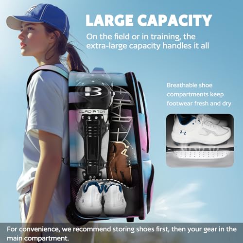 AUROTIER Rolling Baseball Backpack with Off-road Wheels, Wheeled Catchers Gear Bag for Baseball Equipment, 4 Bats, Large Softball Bag for TBall, Helmet & Accessories with Fence Hook - color: Blue-pink