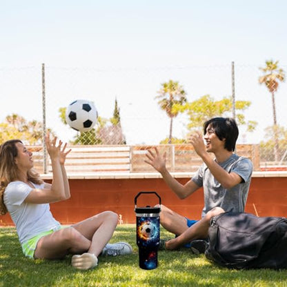 30 oz Tumbler with Handle Flip Straw Leak Proof - Soccer Cup 30oz Tumbler Travel Coffee Mug with Handle - Birthday Gifts for Women Men Soccer Lovers Fans 30 Ounce Stainless Steel Cup - color: Soccer Gifts